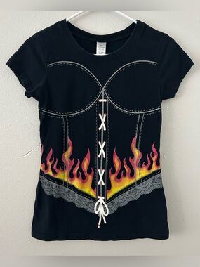 Y2K Corset Graphic T-Shirt Women’s L Flames Devil Tail Front Back Punk Alt Goth